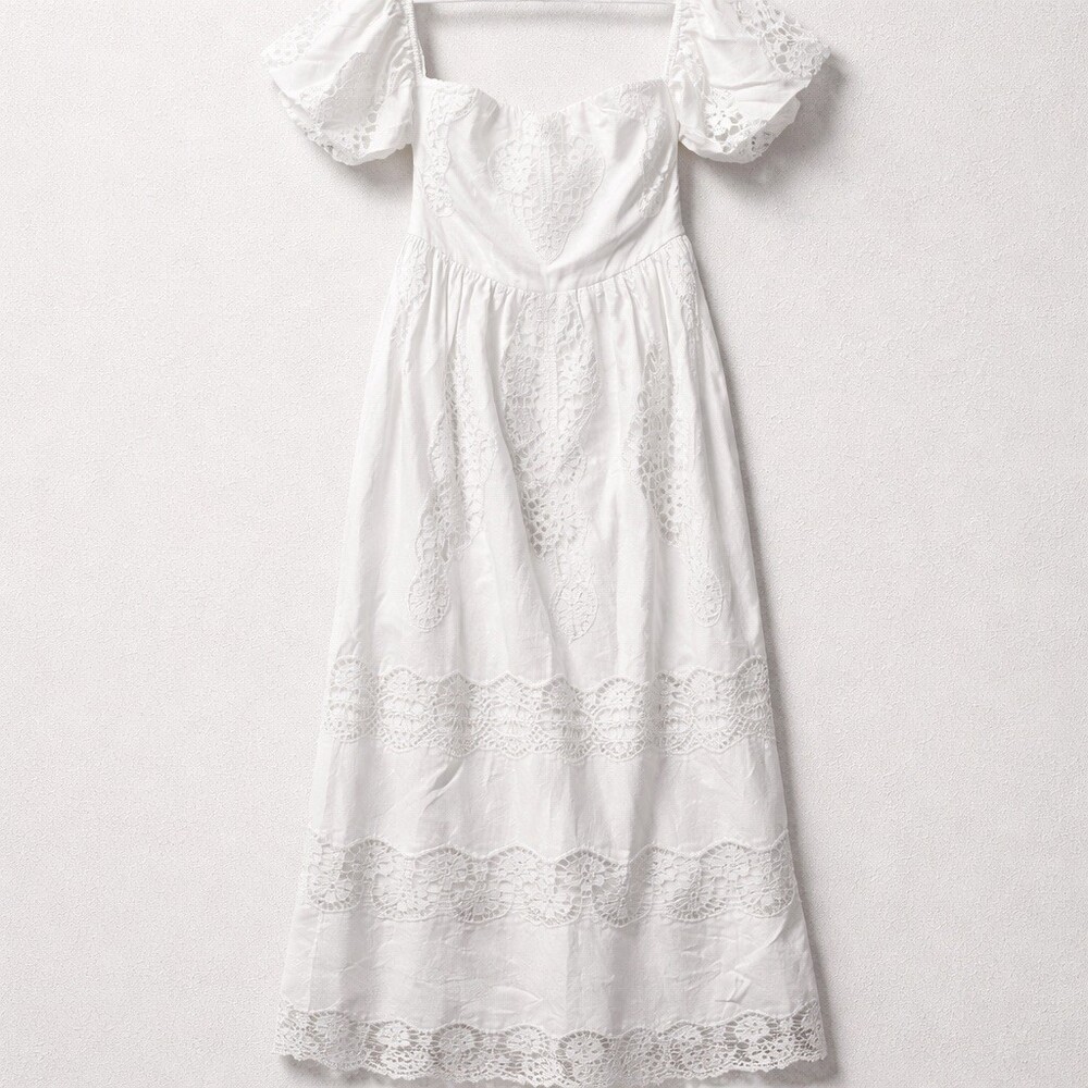 Just Me Maxi Dress Womens Size M White Lace Off Shoulder Puff Sleeve Long - Picture 3 of 7